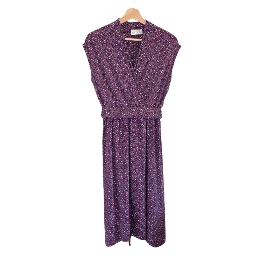 Vintage Liz Roberts Inc Ditsy Floral Blouson Midi Dress Purple Pink Vtg 10 S-M - Picture 2 of 15